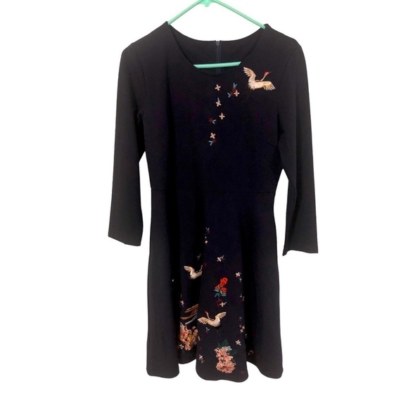 Embroidered Navy Flare Midi Dress Geese & Floral Design Long Sleeved Zip Back S - Picture 1 of 9